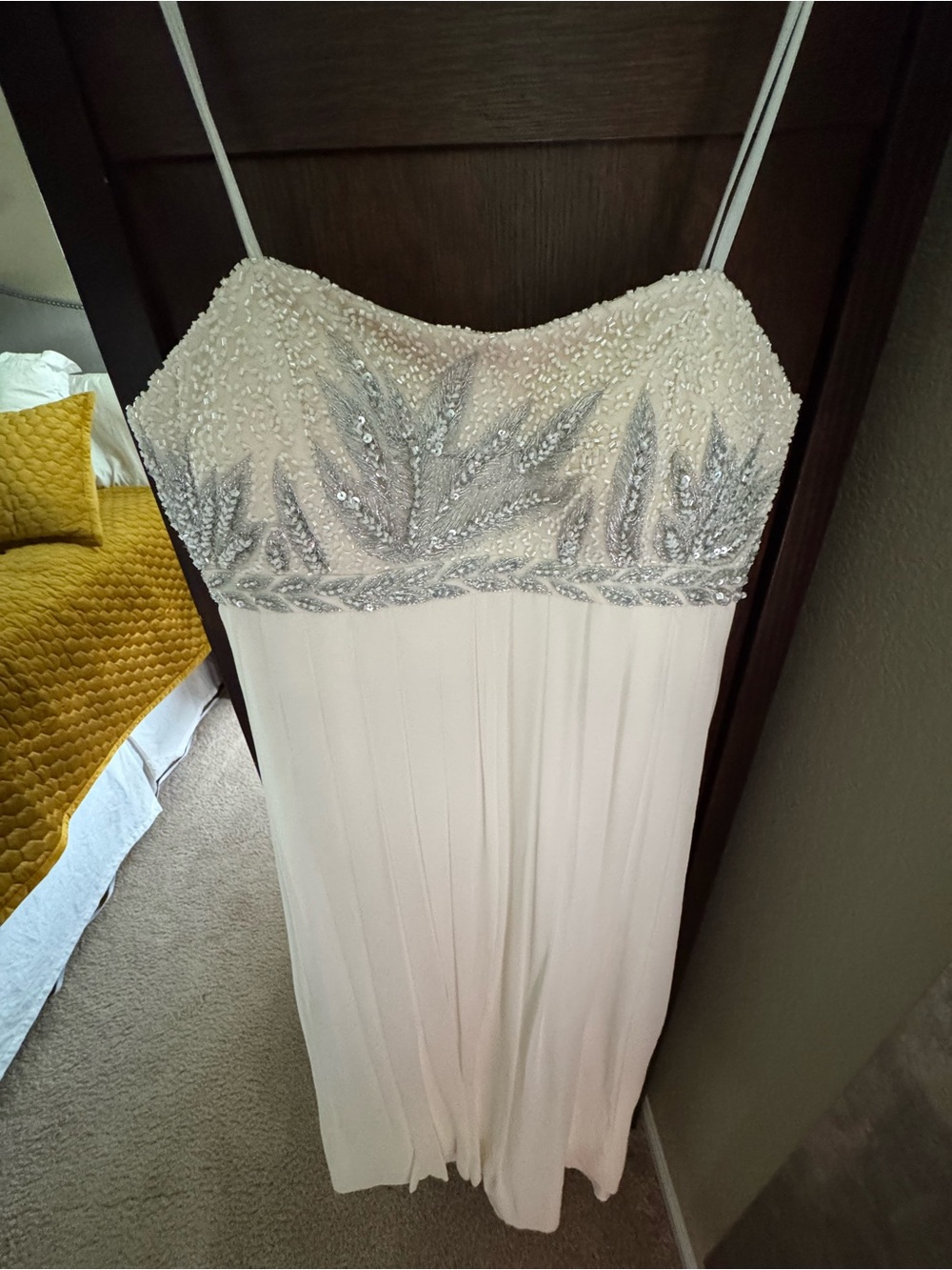 Ivory Beaded Spaghetti Strap Evening Dress